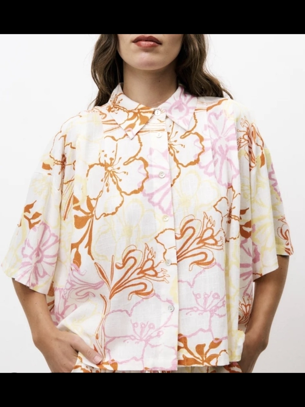 FRNCH White Button-Front Shirt with Pink & Orange Floral Print